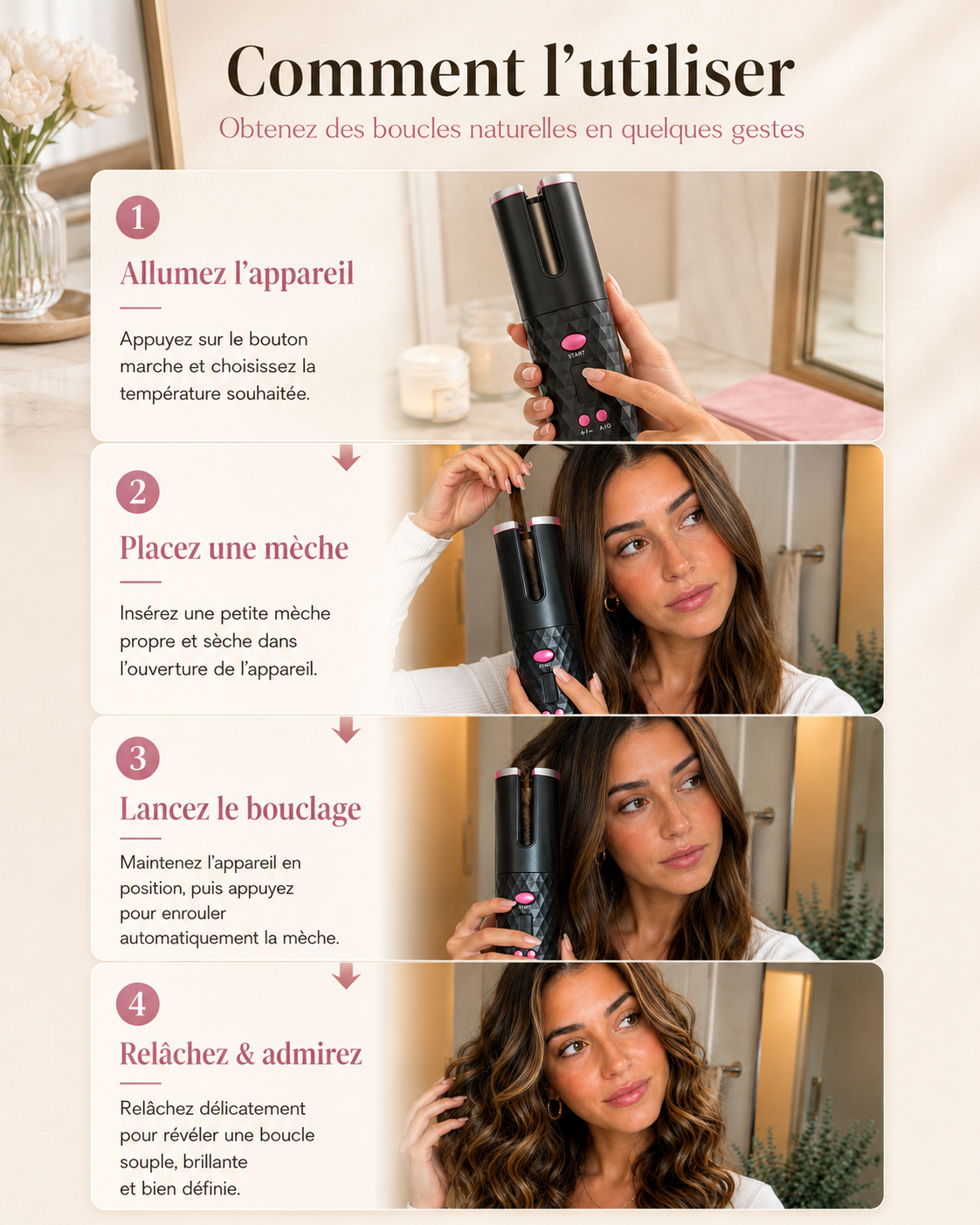 Boucleur Automatique Sans Fil Rechargeable USB – Boucles Parfaites Sans Brûlure