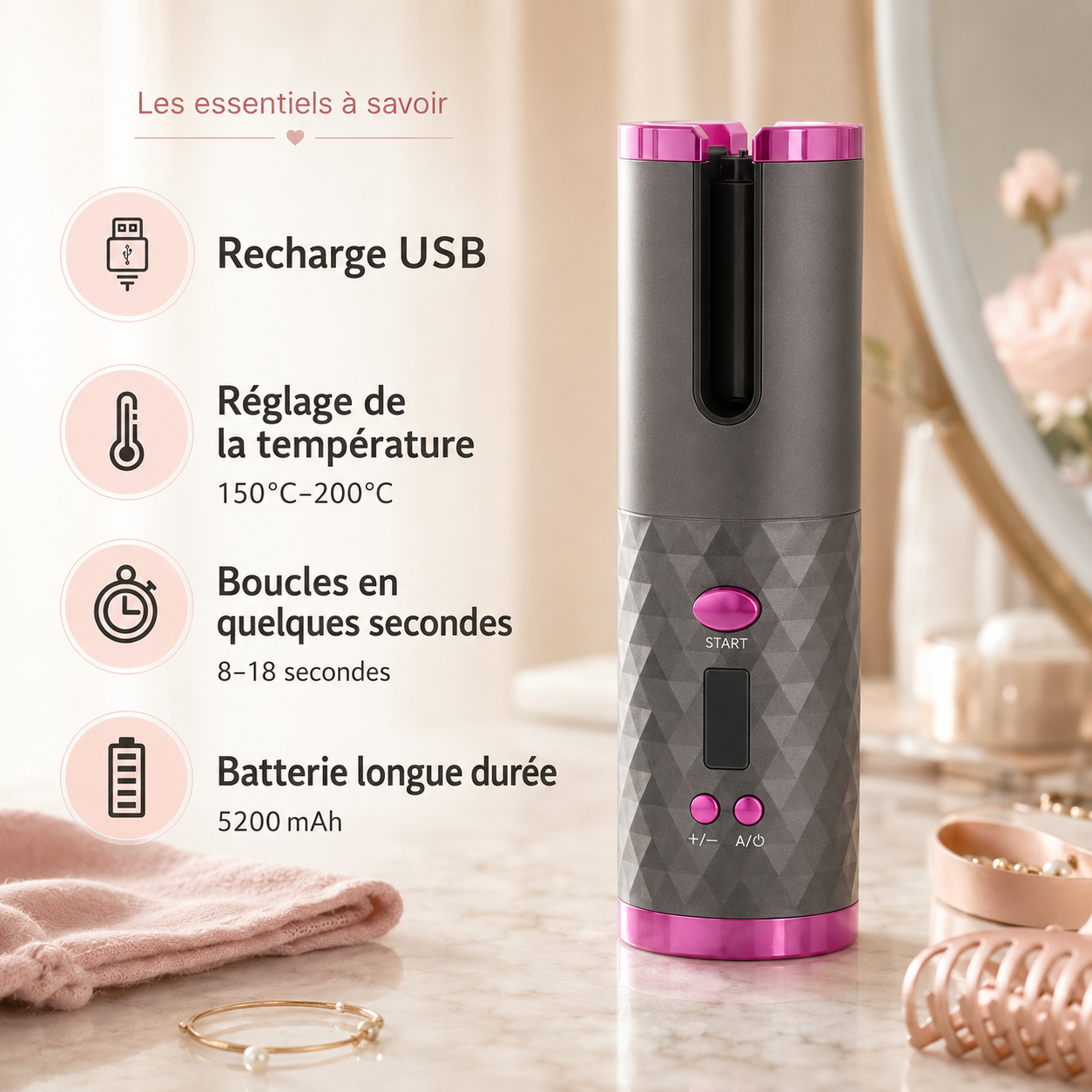 Boucleur Automatique Sans Fil Rechargeable USB – Boucles Parfaites Sans Brûlure
