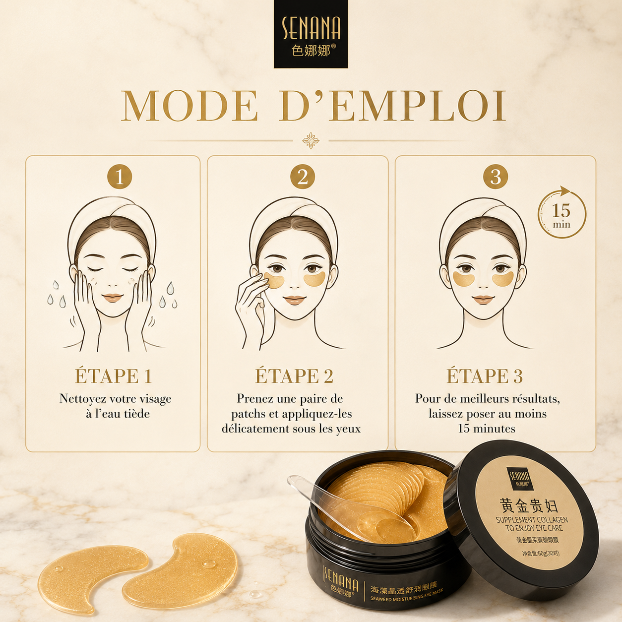 Masque Yeux Or & Collagène – Lot de 60 | Soin Contour des Yeux
